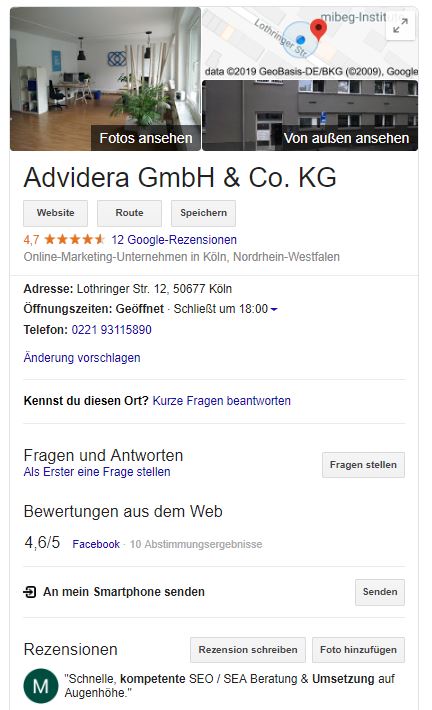 Google My Business-Eintrag von Advidera